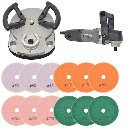 Hardin 5" Var Spd Polisher, Triad Planetary Concrete Wet Polisher Base w/12 pc 4" Diamond Polishing Pad Set BRTTRIAD12